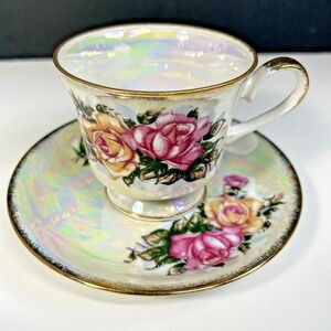 Vintage Iridescent Lusterware Teacup & Saucer Pink Yellow Roses Gold Trim